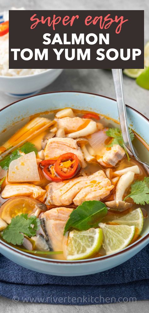 Thai Tom Yum sour soup made of salmon, lime juice, lemon grass and galangal. Easy Tom Yum Soup, Salmon Lime, Tom Yum Soup Recipe, Tom Yum Paste, Salmon Noodles, Salmon Soup, Fish Salmon, Thai Soup, Tom Yum Soup