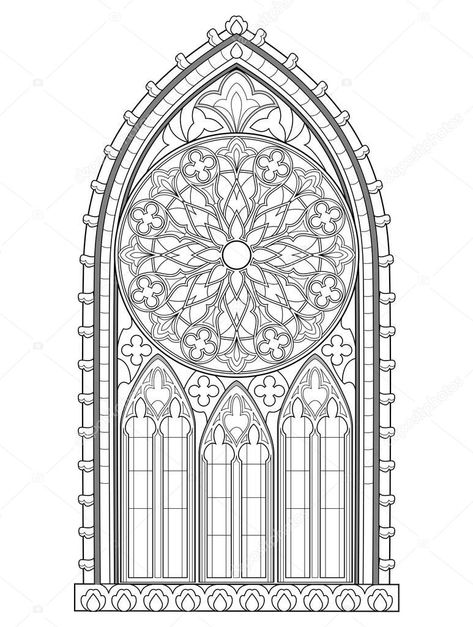 Vector of Beautiful Gothic stained glass window with rose. Medieval architecture in western Europe. Black and white fantasy drawing for coloring book. Worksheet for children and adults. Vector image. Europe Black And White, Drawing For Coloring, Cocktail Book Design, Gothic Architecture Drawing, Book Worksheet, Watercolor Wallpaper Iphone, Gothic Windows, Window Drawing, Gothic Pattern