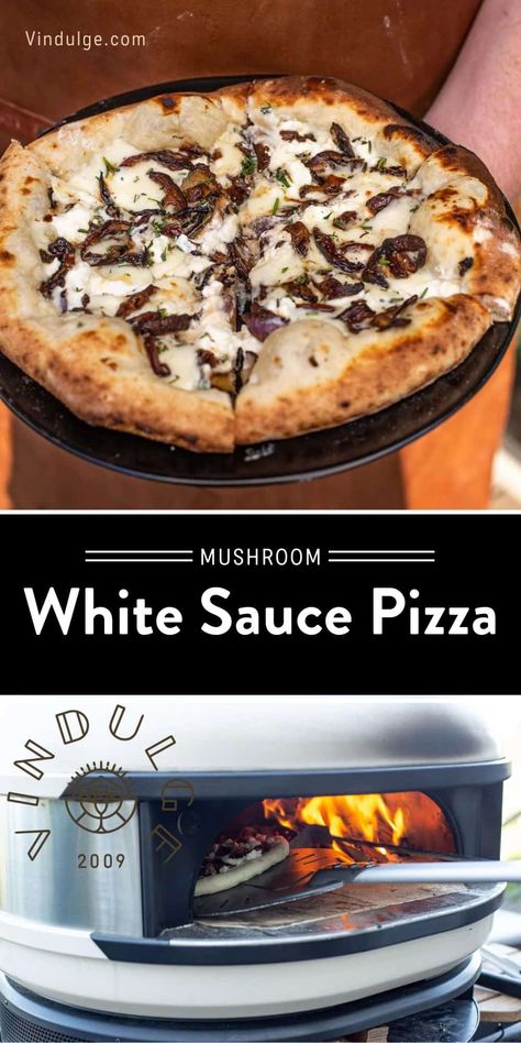 A perfect white pizza with white sauce, wild shiitake mushrooms caramelized onions, and two different cheeses. Pizza With White Sauce, White Sauce Pizza Recipe, White Sauce Pizza, Red Pizza Sauce, Making White Sauce, White Pizza Sauce, Onion Pizza, Pizza Dinner, Mushroom Pizza