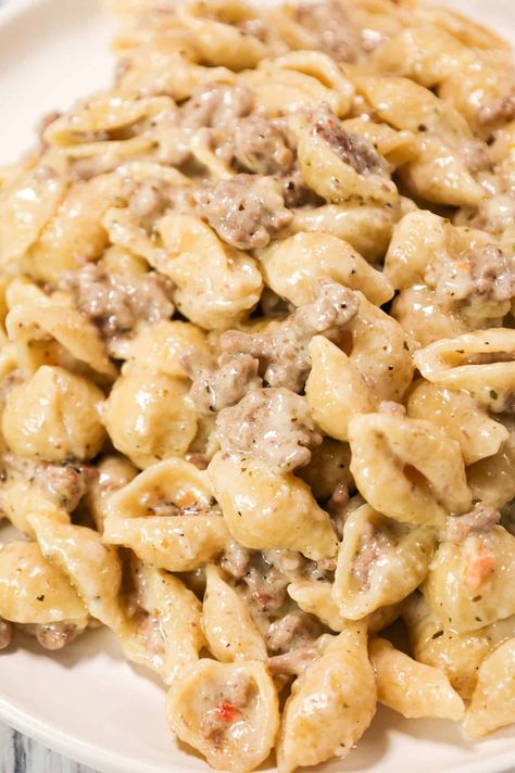 Hamburger Meat Recipes With Cottage Cheese, Casserole Recipes With Hamburger Meat, Ground Beef Pasta Recipes White Sauce, Hamburger With Alfredo Sauce, Ground Meat And Pasta, Hotdish With Hamburger, Alfredo And Beef Recipe, Ground Beef Parmesan Recipes, Hamburger Parmesan Recipe