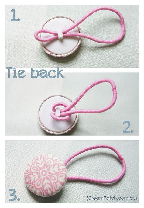 Tie backs - very cute and so easy to make Button Crafts, Fabric Covered Button, A Button, Diy Hairstyles, Covered Buttons, Barrettes, Diy Fashion, Hair Ties, Fun Crafts