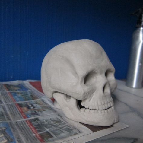 Human Skull my sixth sculpture in clay, made to use as reference when doing heads as I cant afford to buy a skeleton Clay Gcse Art, Air Dry Clay Skull Tutorial, How To Make A Skull Out Of Clay, Clay Skeleton Sculpture, Air Dry Clay Skull, Clay Skull Tutorial, Skull Clay Sculpture, Skeleton Clay, Clay Skeleton