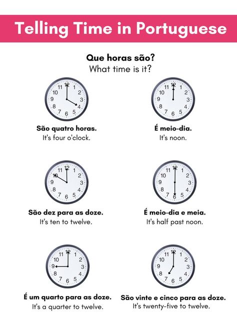 Click "Read more" to learn the time in Portuguese + NUMBERS. Learn Portuguese online for free right here 🇵🇹 Useful Vocabulary, Portuguese Language Learning, Learn Brazilian Portuguese, Portuguese Lessons, Brazilian Portuguese, Learn Portuguese, Affirmation Of The Day, Classroom Language, Learning Languages