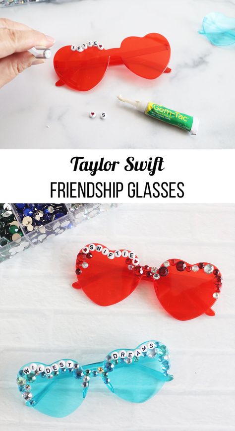 Taylor Swift Inspired Heart Friendship Glasses. Make friendship bracelet inspired heart glasses to wear to the Eras Tour. 1989 Taylor Swift Sunglasses, Taylor Heart Glasses, Taylor Swift Inspired Diys, Eras Sunglasses, Taylor Swift Inspired Crafts, Heart Glasses With Beads, Eras Tour Glasses, Swiftie Crafts, Taylor Swift Club