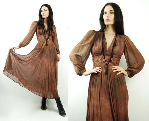 30s (or 70s) sheer dress Flowy Witch Dress, Long 70s Dress, 70s Witchy Fashion, 70s Boho Dress, Flowy 70s Dress, 70s Victorian Fashion, Witch Fashion Aesthetic Modern, 70s Flowy Dress, 70s Witch Fashion