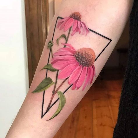 Momié. Echinacea Echinacea Tattoo, Coneflower Tattoo, Feminine Shoulder Tattoos, Flower Bouquet Tattoo, Hair Stenciling, Arm Tats, Orchid Tattoo, Bouquet Tattoo, Leather Tooling Patterns