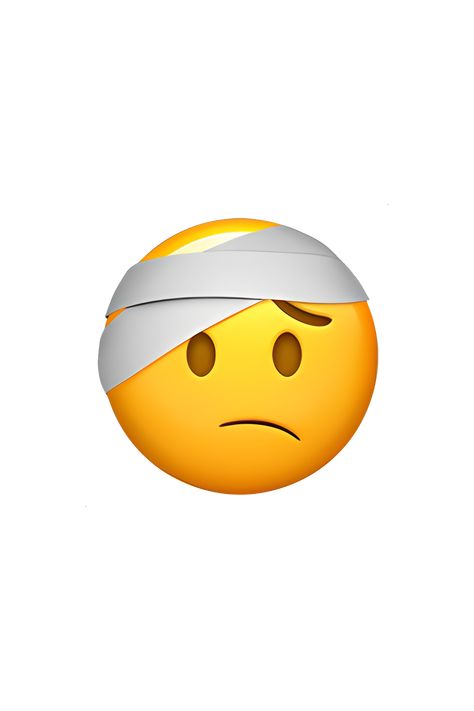 The 🤕 Face With Head-Bandage emoji depicts a yellow face with a white bandage wrapped around its head. The bandage covers the forehead and the top of the head, with two small tufts of hair visible on either side. The eyes are closed and the eyebrows are furrowed, indicating pain or discomfort. The mouth is downturned in a frown, further emphasizing the expression of pain. Ig Stickers To Cover Face, All Iphone Emojis, Emoji Covering Face, Imogies Emojis Iphone, Ios Hand Emoji, Headache Emoji Faces, Head Bandage, Angry Yellow Emoji, Emojis Iphone