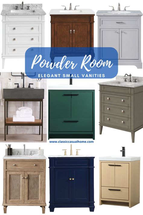 Small Powder Room Design, Powder Room Vanity Ideas, Classic Powder Room, Small Vanities, Blue Powder Room, Powder Room Vanities, Powder Room Vanity, Room Vanity, Arizona House