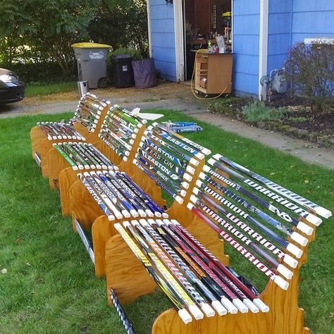 Hockey Stick Furniture, Hockey Stick Crafts, Backyard Ice Rink, Hockey Diy, Hockey Crafts, Outdoor Rink, Hockey Decor, Hockey Room, Hockey Gifts