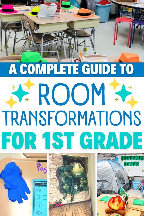 A variety of classroom transformations 1st Grade Room Transformations, First Grade Classroom Transformations, First Grade Theme Days, Classroom Room Transformations, Class Transformation Ideas, Classroom Transformation Ideas 1st Grade, Room Transformation Classroom, Transformation Classroom, Classroom Theme Days