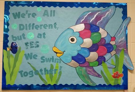 Rainbow Fish Bulletin Board for our Library featuring Dory and Nemo Rainbow Fish Bulletin Board, Fish Bulletin Boards, Ocean Bulletin Board, Ocean Rainbow, Counseling Bulletin Boards, Book Door, Kindergarten Bulletin Boards, Bulletin Boards Theme, Christmas Bulletin Boards