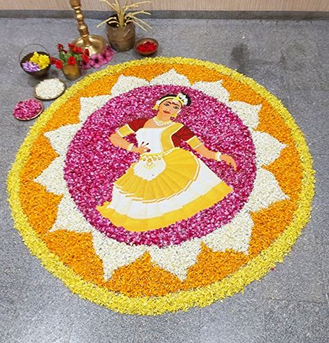 Onam flower rangoli Theme- Mohiniyattam Onam Theme Decor, Onam Rangoli Flower Unique, Onam Flower Rangoli Design, Pookolam Design Onam Theme, Poo Kolam Flowers Onam, Onam Kolam With Flowers, Onam Rangoli Flower, Onam Flower Rangoli, Onam Flower Decoration