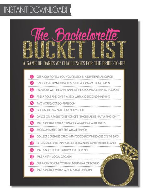 Bachelorette Party Game - Bucket List {INSTANT DOWNLOAD!} Printable Bachelorette Game of Dares with Black, Pink & Gold/Silver Glitter Party Bucket List, Bachelorette Bucket Lists, Hen Night Ideas, Bachelorette Game, Bachelorette Party Game, Party Bucket, Hen Party Games, Awesome Bachelorette Party, Bachelorette Games