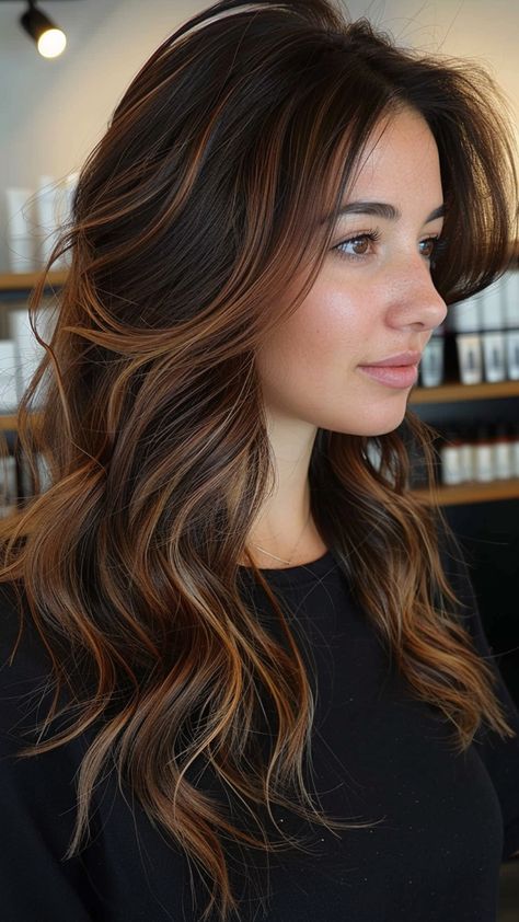 25 Dark Brown Hair Color Ideas to Infuse Your Look with Confidence Full Dimensional Color, Trendy Hair 2024, Golden Balayage On Dark Hair, Summer Hair Color For Brunettes Dark, Brunette Highlights Lowlights, Brown Hair Trends, Dark Brown Hair Color, Brunette Balayage Hair, Brown Hair Balayage