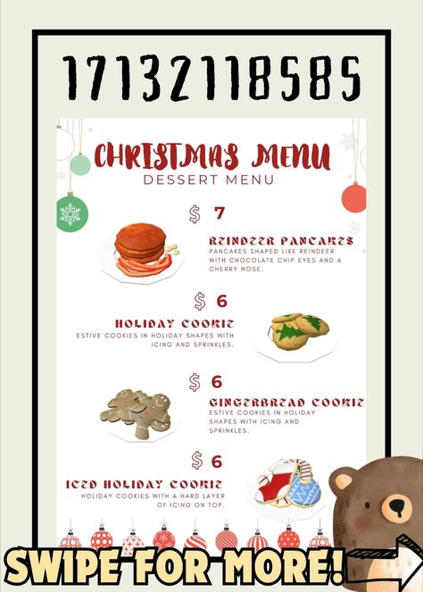 REQUESTED MENU CONSIST OF HALLOWEEN AND CHRISTMAS MENU ~ REFERENCE (OLD LAYOUT FROM VALENTINES MENU) Bloxburg Christmas Menu Decals, Christmas Cafe Bloxburg, Blockburg Decals, Bloxburg Cafe, Bloxburg Christmas, Christmas Restaurant, Pancake Shapes, Winter Town, Bloxburg Decals Codes Aesthetic