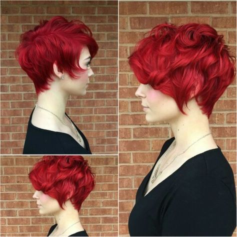 Bright red pixie. All angles Curly Pixie Hairstyles, Short Hair Model, Short Red Hair, Bright Hair Colors, Long Pixie, Hair Styles 2017, Red Hair Color, Short Curly Hair, Pixie Hairstyles