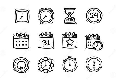 Set of Time and Calendar Icons in Cute Doodle Style Stock Vector - Illustration of modern, clock: 276399192 Clock Drawings, Cute Clock, Calendar Journal, Clock Icon, Calendar Icon, Cute Doodle, Doodle Style, Cute Journals, Sketch Notes