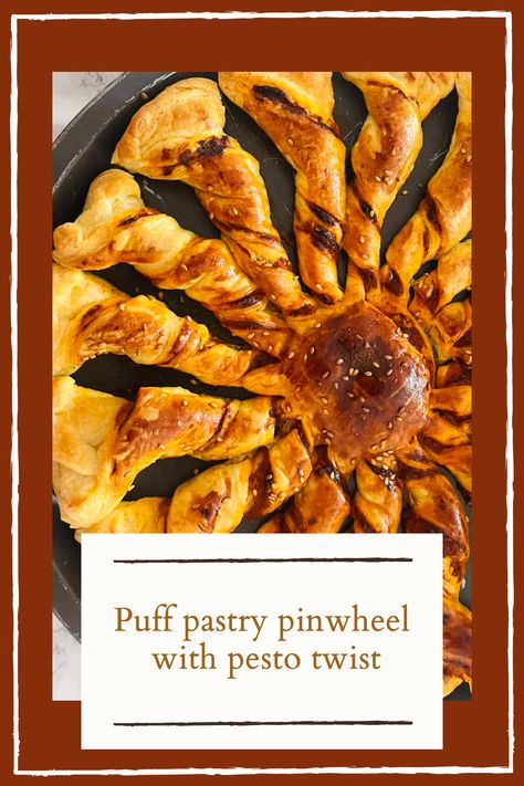 This puff pastry pinwheel made with pesto flavor makes for a lovely appetizer to be served as finger food on any occasion. Puff Pastry Twists, Puff Pastry Pinwheels, Vegetable Cake, Puff Pastry Crust, Green Pesto, Elegant Appetizers, Puff Pastry Dough, Gourmet Cheese, Homemade Pesto