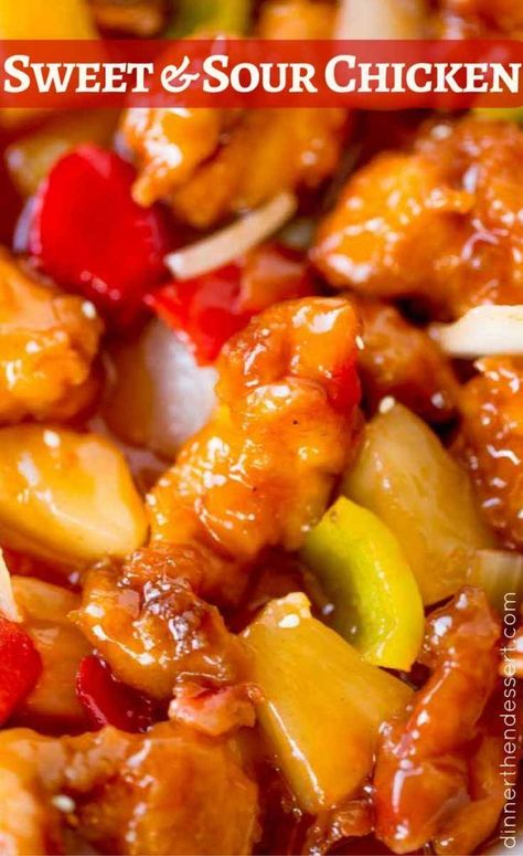 Sweet and Sour Chicken with crispy chicken, pineapple and bell peppers that tastes just like your favorite takeout place without the food coloring.  Sweet and Sour Chicken is a classic Chinese takeout Pineapple Chicken Recipes, Chinese Chicken Recipes, Homemade Chinese Food, Sweet And Sour Chicken, Sweet Sour Chicken, Chinese Cooking Recipes, Easy Chinese Recipes, Sweet N Sour Chicken, Chinese Cooking