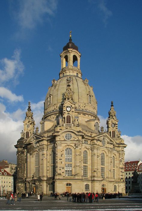 Frauenkirche Dresden, Germany 2010 Built in the 18th century, the church was destroyed in the firebombing of Dresden during World War II. It was reconstructed as a landmark symbol of reconciliation between former warring enemies. The reconstruction of its exterior was completed in 2004, its interior in 2005 and, after 13 years of rebuilding, the church was reconsecrated on 30 October 2005 with festive services lasting through the Protestant observance of Reformation Day on 31 October. Coventry Cathedral, Reformation Day, Dresden Germany, Architecture Landmark, Old Churches, Cathedral Church, Baroque Architecture, Architecture Student, Architecture Old