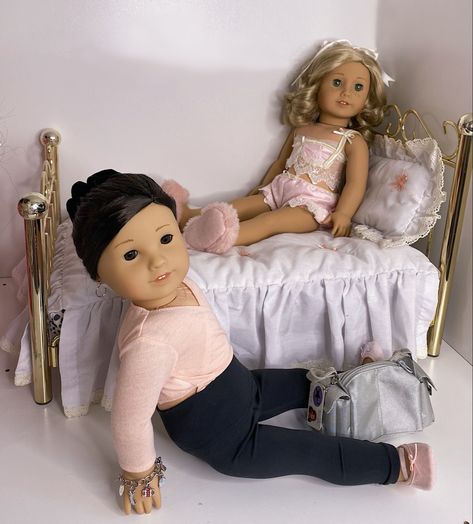 girly ballet coquette American Girl dolls sitting on a gold bed frame Pleasant Company Dolls, Ballet Outfits, Custom American Girl Dolls, Doll Pictures, Doll Scenes, Doll Aesthetic, Our Generation Dolls, American Doll Clothes, Beanie Boos