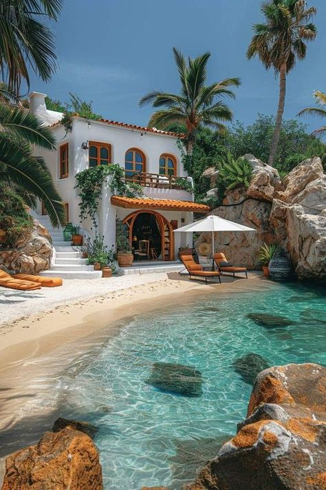 Ocean Home Exterior, Dream House On The Beach, Houses In Portugal, Ocean House Aesthetic, Greece Beach House, European Beach House, Mexico Beach House, Houses In Greece, Beach House Vibes