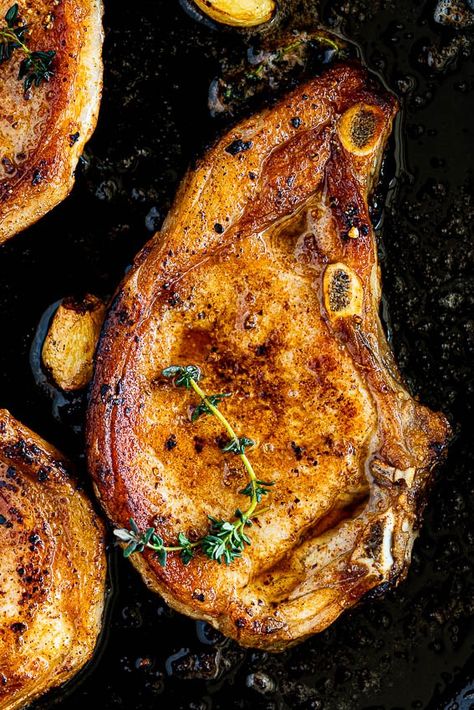 Pan Seared Pork Chops - Simply Delicious Pork Souvlaki, Greek Pork, Thyme Butter, Pan Seared Pork Chops, Tender Pork Chops, Cooking Pork Chops, Seared Pork Chops, Pork Fillet, Juicy Pork Chops