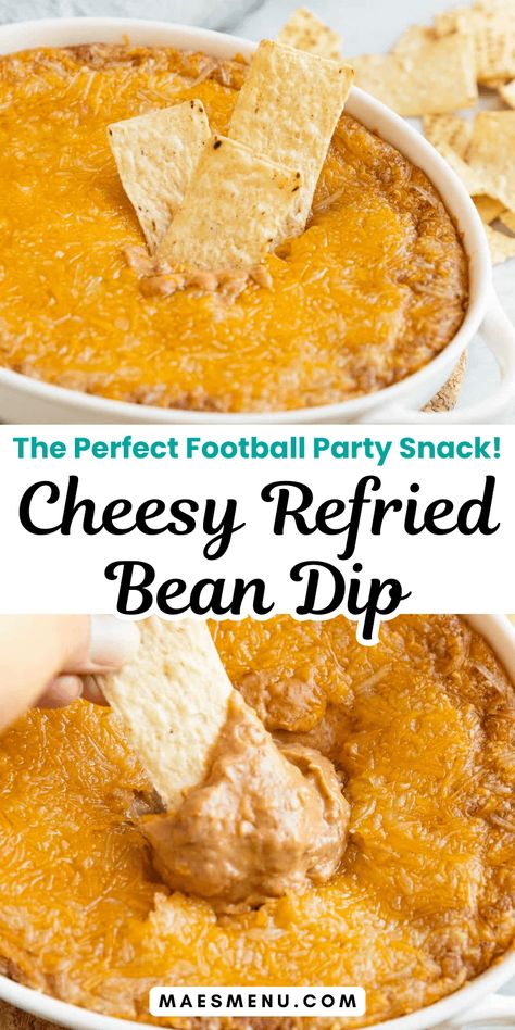 Try my irresistible Cheesy Refried Bean Dip! It’s creamy, cheesy, and tantalizingly tasty, it's the perfect snack for Superbowl parties and football gatherings. It’s easy to make with a blend of refried beans, cream cheese, and Mexican cheese, this dip is perfect for feeding a crowd. Serve hot and watch it disappear! Get the recipe here! #superbowlpartyfood Baked Bean Dip, Taco Bean Dip, Bean Dip Recipes Refried, Hot Bean Dip, Cream Cheese Bean Dip, Bean Cheese Dip, Easy Bean Dip, Cheese Dip Mexican, Refried Bean Dip