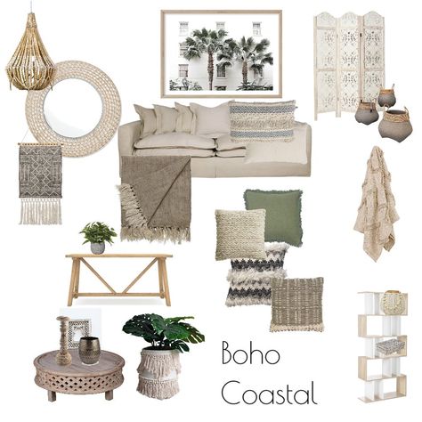 View this Interior Design Mood Board and more designs by rozpot on Style Sourcebook Coastal Style Bathroom, Boho Coastal Bedroom, Coastal Style Living Room, Coastal Style Bedroom, Rustic Bedroom Furniture, Coastal Interiors Design, Coastal Boho, Coastal Living Rooms, Coastal Bedrooms