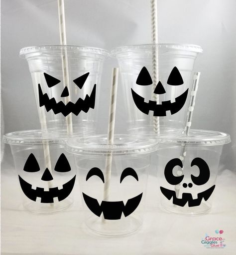 This listing is for (12oz) jack o lantern  themed  party cups.  All designs are waterproof and made of premium vinyl. A personalized 2.5 inch circular sticker can be added to the back of the cup for an upcharge.. Please choose your selection from the drop down below. Colors are customizable.  These are ONE time use disposable cups. Please look in my shop for the matching invitation, cupcake toppers, snack cups and favors! The following matching decor items are available but not pictured. Sample Halloween Cup Decorations, Decorating Plastic Cups, Halloween Party Cups, Halloween Block Party, Superhero Cupcake Toppers, Superhero Cupcakes, Dulces Halloween, Halloween Food Treats, Halloween Favors