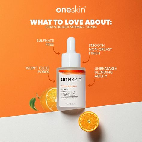 Brighten and even out your skin tone with our natural, active ingredients. Say hello to radiant skin! #vitaminC #citrusdelight #skincareroutine #instadaily #beauty #oneskin #discoversciencethroughnature #oneskinforeveryone #ownyourskin Product Ingredients Design, Social Media Product Post, Beauty Content Ideas, Beauty Graphic Design, Ingredients Design, Product Infographic, Skincare Ads, Beauty Ads, Skincare Branding