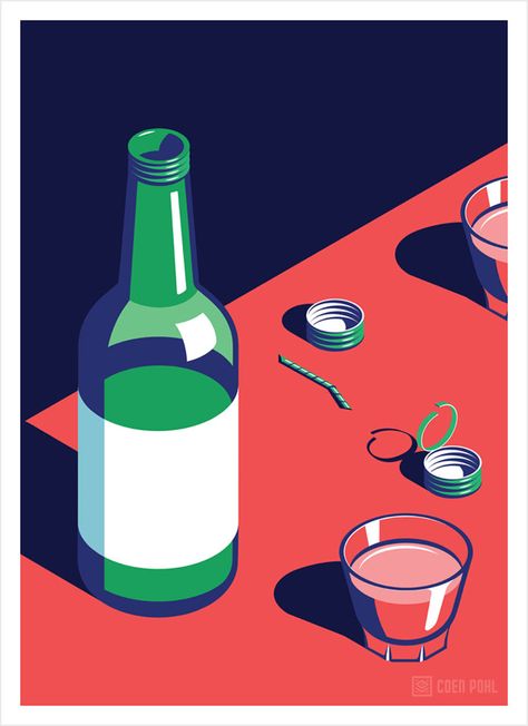 Soju, Coen Pohl illustration. Soju Poster, Night In Seoul, Arte Inspo, Soju, Flat Illustration, Illustrations And Posters, Food Illustrations, Night In, Graphic Design Inspiration