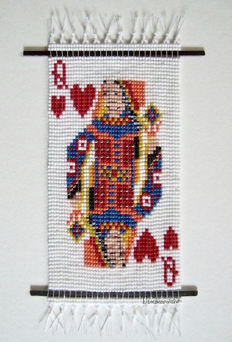 https://flic.kr/p/2k9EzVX | The Red Queen | Loom Woven seed beads, metal tangs, stitching, macramé knotted fringe, 4" x 7" tapestry, framed on white mat with gold wood edge frame size 8" x 12", 2020. Uzbek Architecture, Beaded Weaving, Bead Tapestry, Beaded Tapestry, Beaded Clothing, The Red Queen, Beaded Frame, Tapestry Loom, Jewels Diy