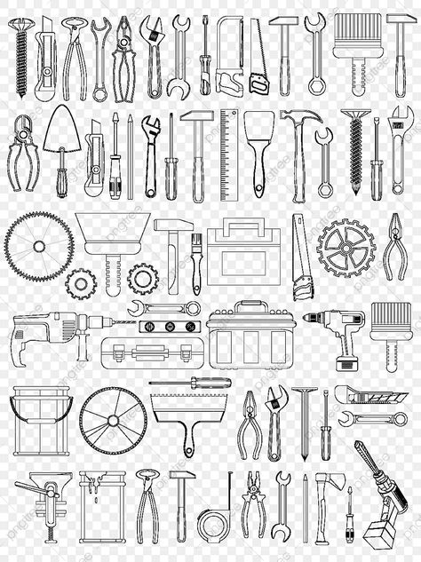 Tools Drawing Sketches, Mechanical Tools Drawing, Mechanic Tools Drawing, Hand Tools Drawing, Art Materials Drawing, Tools Illustration, Hardware Materials, Wing Drawing, Tools Theme