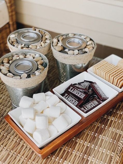 Tabletop S'mores With DIY Fire Bowls | She Gave It A Go Diy Smores Bar, Smores Table, Smores Bar Party, S'mores Tray, Indoor Smores, Mini Fire Pit, Smores Station, Smores Party, Tabletop Fire Bowl