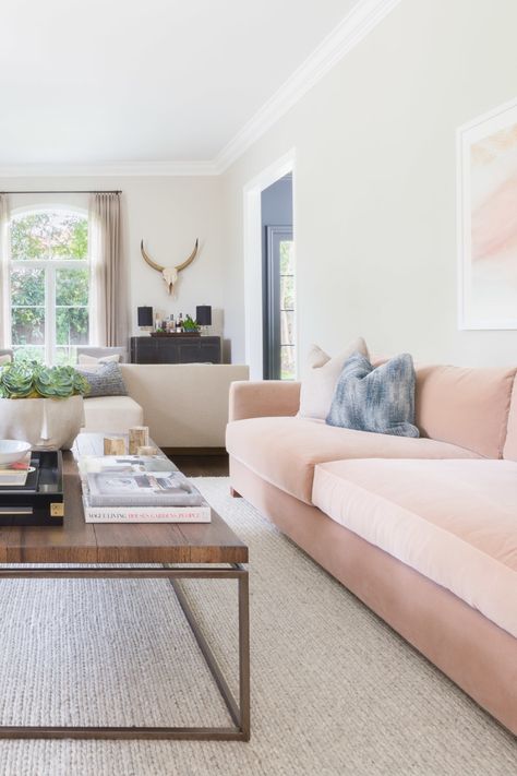 Crazy Beautiful Interiors in Every Shade of Pink Amanda Barnes, Long Living Room, Pink Couch, Farmhouse Side Table, Pink Sofa, Rustic Dining Room, Small Apartment Decorating, Couch Chair, Chair Sofa