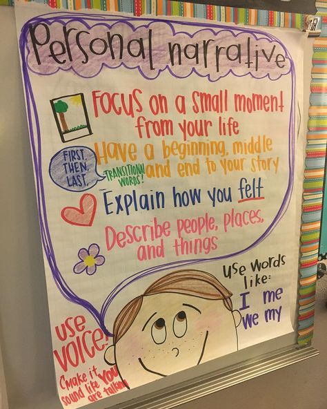 Personal Narratives Anchor Chart, Narrative Writing Anchor Chart, Teaching Narrative Writing, Kindergarten Anchor Charts, Second Grade Writing, Prompt Ideas, Personal Narrative Writing, Third Grade Writing, 3rd Grade Writing