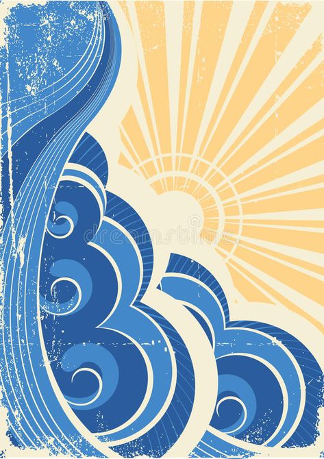 Retro Surf Art, Grunge Illustration, Sun Vector, Retro Surf, Sea Landscape, Nature Sea, Wave Art, Vintage Nature, Surf Art