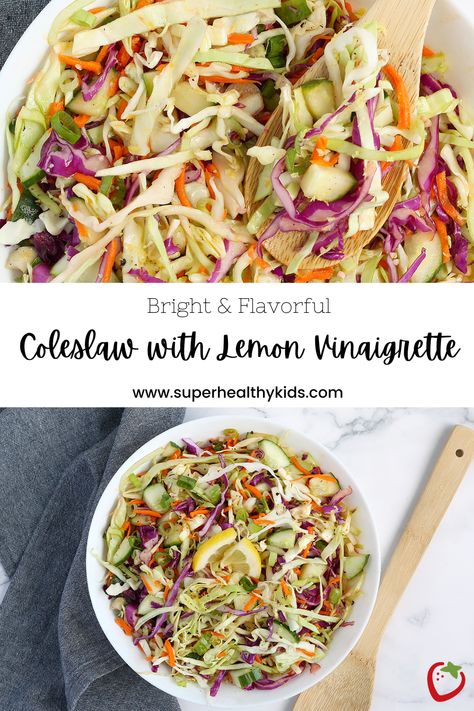 If you are looking for a light and refreshing side dish, you’ve come to the right place. This Sunshine Coleslaw is made with crispy vegetables and coated in a tangy lemon vinaigrette. Instead of vinegar, this recipe calls for lemon juice, which gives it a nice bright flavor. It’s absolutely delicious, and the perfect addition to your summer meals. #homemadecoleslaw #mayofreecoleslaw #bestsaladrecipes #easycoleslaw #potluckrecipes Lemon Coleslaw Recipe, Vinager Coleslaw Recipe Vinegar, Coleslaw With Vinegar Dressing, Vinegar Coleslaw Recipe, Lemon Vinegarette, Crispy Vegetables, Healthy Coleslaw Recipes, Cabbage Slaw Recipes, Vinegar Coleslaw