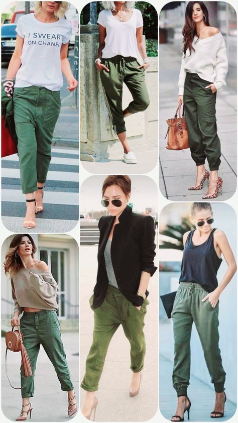 Khaki Cargo Joggers Outfit, Olive Green Cargo Outfits Women, Olive Green Trousers Outfit, Green Joggers Outfit, Cargo Joggers Outfits, Cargo Outfits Women, Jogger Pants Outfit Women, Green Trousers Outfit, Joggers Outfit Women