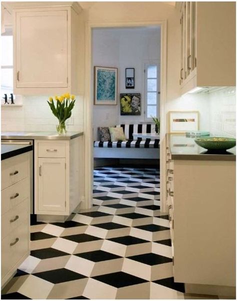 Geometric Centsational Girl linoleum floors  - do you love it or wold it make you dizzy? Geometric Tile Floor, Vct Flooring, Vct Tile, Inlay Flooring, Checkered Floor, Creative Tile, Vintage Style Kitchen, 1920s House, Floor Pattern