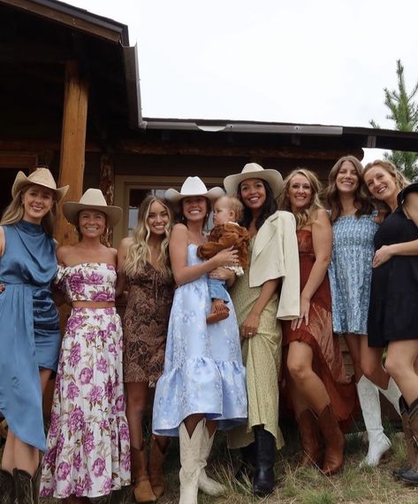 Cowgirl Semi Formal, Western Attire Wedding Guest, Cocktail Cowgirl Attire, Cowboy Fancy Dress Women, Cowboy Wedding Attire Women, Mountain Formal Attire, Wedding Guest Dress With Cowgirl Boots, Upscale Country Outfit, Western Wedding Rehearsal Outfit