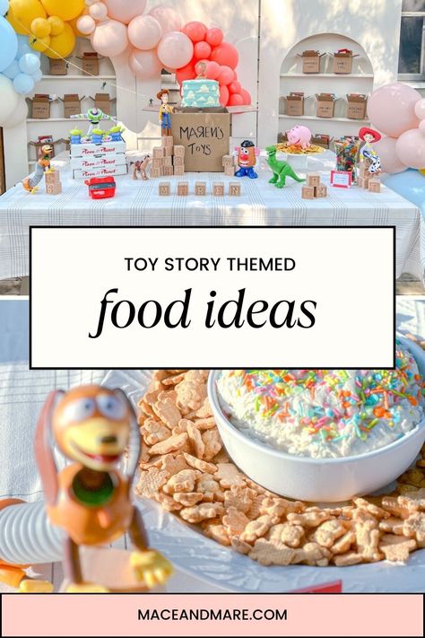 Discover these Toy Story-themed food ideas! From Buzz Lightyear rocket fuel to Woody's cowboy caviar, explore delicious food ideas inspired by your favorite Pixar characters. Perfect for kids' parties, family movie nights, or Disney themed celebrations. Get inspired and create a Toy Story culinary adventure! #ToyStory #DisneyFood #PartyIdeas #KidsRecipes #Disney #birthdayparty #twoinfinityandbeyond Toy Story Themed Snacks Parties Food, Toy Story Themed Breakfast, Toy Story Appetizers Food Ideas, You Story Themed Food, Food For Toy Story Birthday Party, Toy Story Breakfast Ideas, Toy Story Birthday Party Ideas Pastel, Toy Story Food Party Ideas, 3 Toy Story Birthday