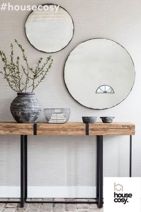 2 round mirrors above a rustic console table  #roundmirror #interiors #interiordesign #mirror #rustic #wood #inspiration #pinteresthomes Interior Design Living Room Warm, Decoration Hall, Wood And Metal Table, Interior Design Living Room Modern, Mirror Metal, Table Mirror, Iron Table, Living Ideas, Table Wood