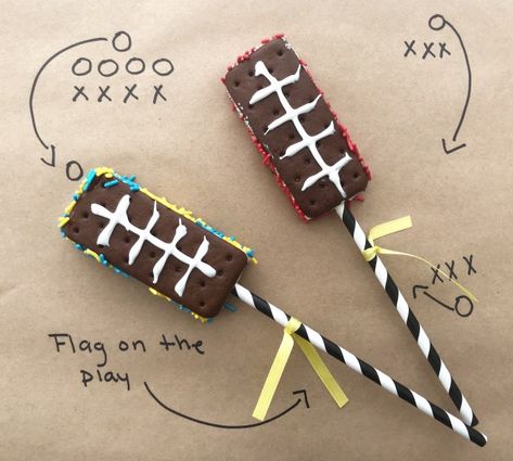 Completed football ice cream sandwiches Football Ice Cream Sandwiches, Mini Ice Cream Sandwiches, Football Theme Party, Ice Cream Sandwiches, Football Party, Superbowl Party, Party Treats, Yummy Appetizers, Football Season