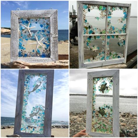 This Handmade Beach Glass Art Is Absolutely Gorgeous Framed Glass Art, Beach Glass Wall Art, Seaglass Window Art, Resin Framed Art, How To Do Sea Glass Art, Picture Frame Resin Art, Beach Window Art, Resin Beach Glass Art, Large Sea Glass Art