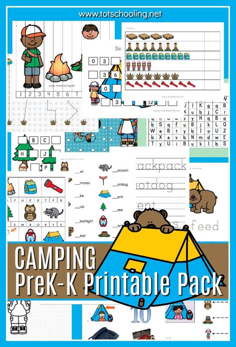 FREE Camping themed learning pack for preschool and kindergarten kids featuring bears, raccoons, tents, backpacks, hot dogs, s'mores, and more camping related fun! Great activity pack for kids who love to go camping! Preschool Camping Activities, Camping Preschool, Camping Theme Preschool, Camping Crafts For Kids, Camping Classroom, Camping Activities For Kids, Camping Theme Classroom, Summer Preschool, Summer Camps For Kids