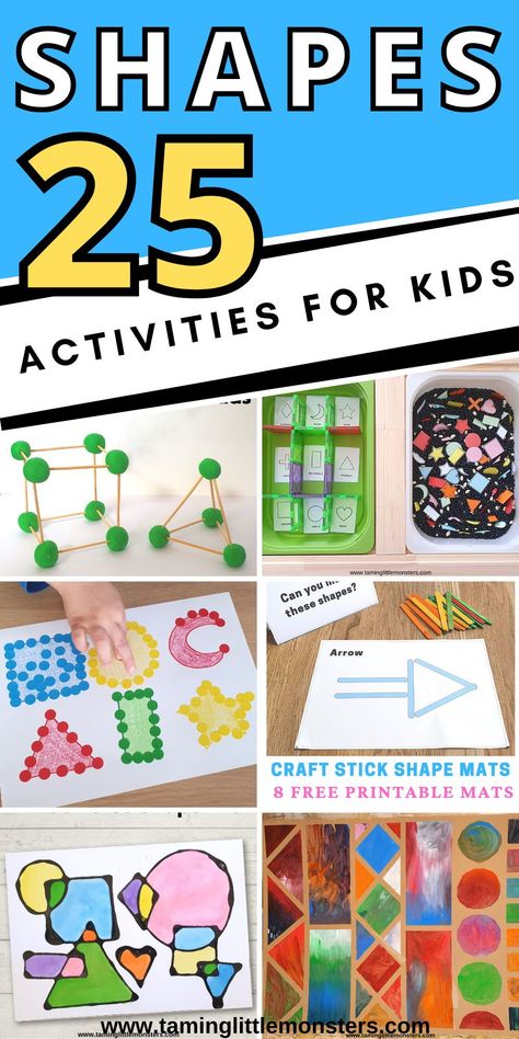 25 Shape Activities for Kids. Play ideas that help toddlers and preschoolers to learn their shapes. #shapes #toddlers #preschoolers Shapes Physical Activities Preschool, Shape Math Activities Preschool, Toddler Shapes Activities, Shape Art For Toddlers, Shape Activities For Toddlers, Shapes Toddlers, Preschool Shape Activities, Shapes Preschool Crafts, Kids Play Ideas