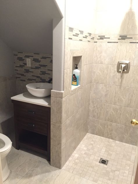 Turned our half bath into 3/4 bath by putting shower in where sink was and sink vanity under stairs Small Half Bathrooms, Small Basement Bathroom, Basement Bathroom Design, Bathroom Under Stairs, Pool Bathroom, Tiny House Bathroom, Tiny Bathrooms, Bathroom Remodel Designs, Half Bathroom