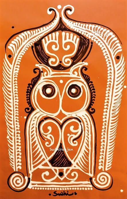 Owl Alpona, Santiniketan Art, Bengal Art, Jamini Roy, Worli Painting, Bengali Art, Contemporary Folk Art, Bamboo Art, Batik Art